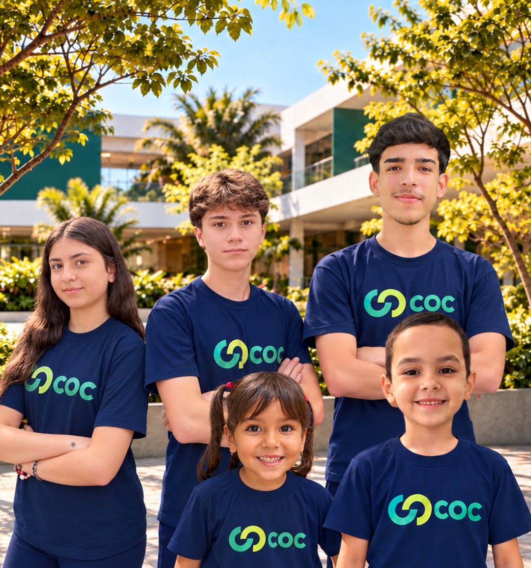 Alunos do COC São João, da Educação Infantil ao Ensino Médio, com a camiseta da escola.
